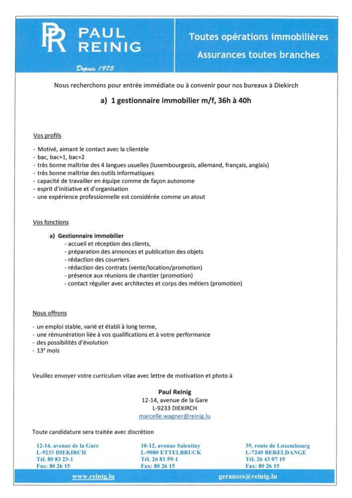 Offre emploi/Gestionnaire immobilier