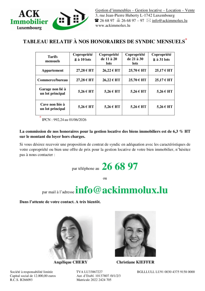 Tarifs ACK Immobilier Luxembourg à partir du 01/05/2025