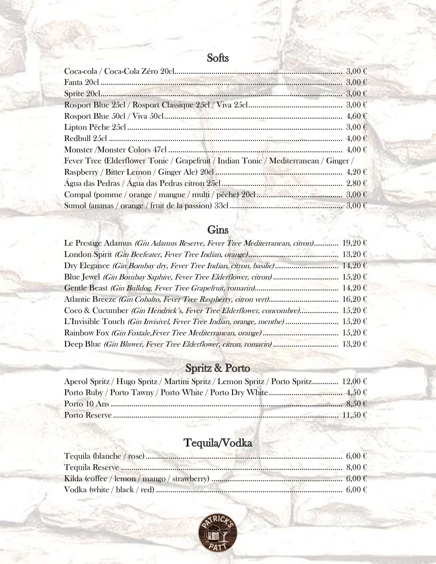 Softs, Gins, Spritz & Porto, Tequila & Vodka