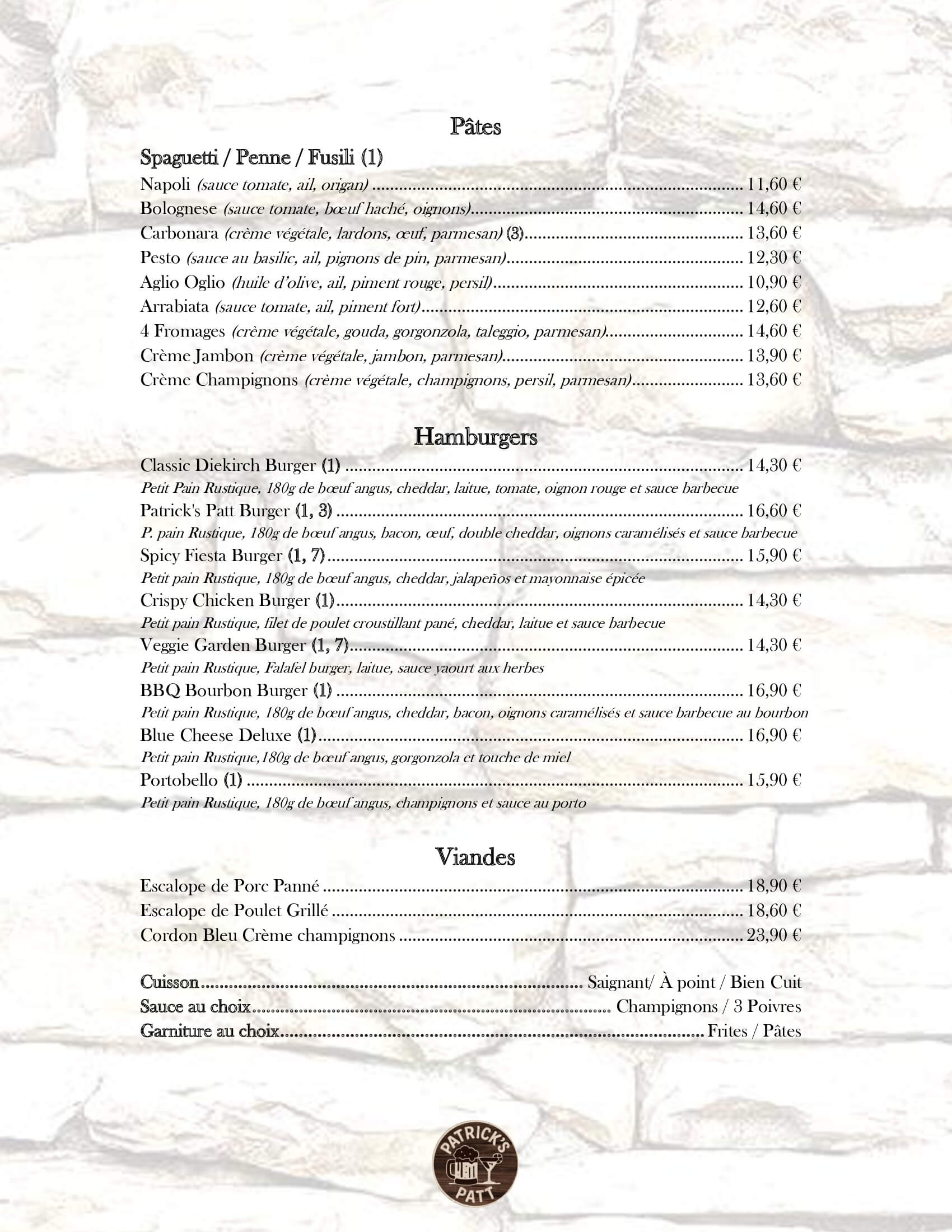 Pâtes, Hamburgers, Viandes