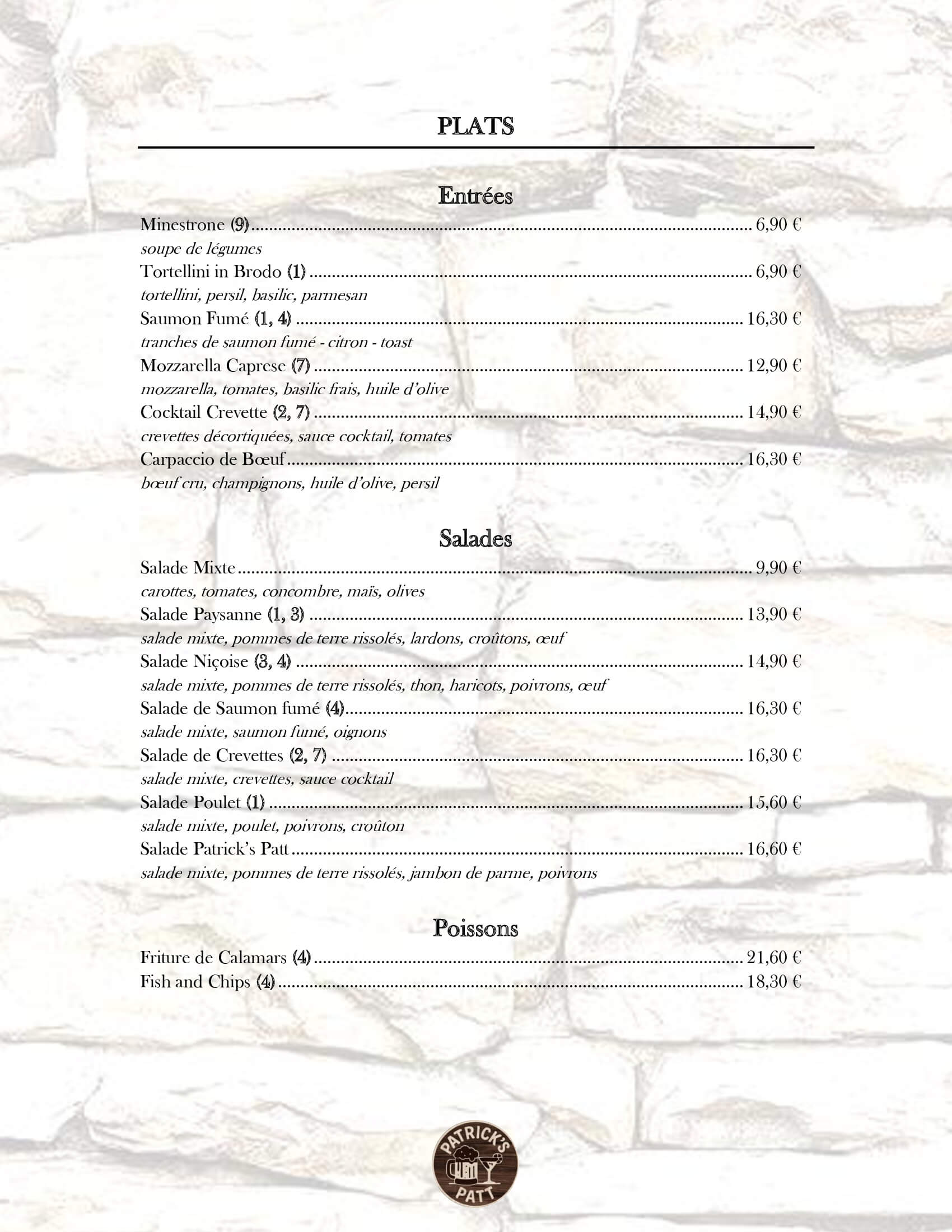 Entrées, Salades, Poissons